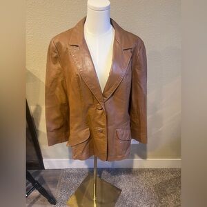 Classic Women's Genuine Leather Blazer Jacket - Tan
